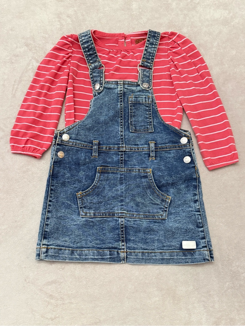 Seven For All Mankind Girls 2T Denim Overall Dress Set Red Striped Shirt VGUC